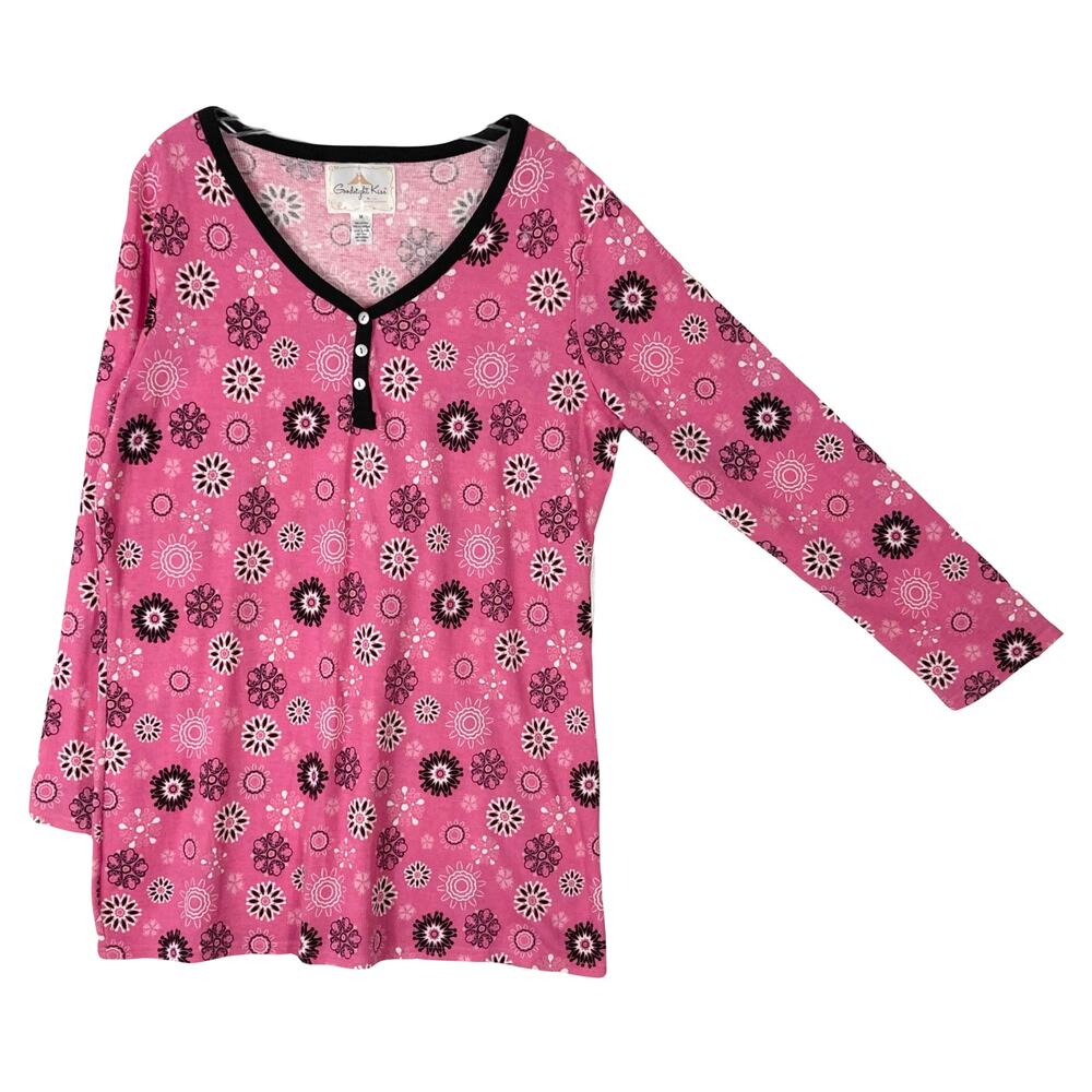 NWOT GOODNIGHT KISS Pajama Dress Women M Pink Floral Waffle Knit Henley Cotton
